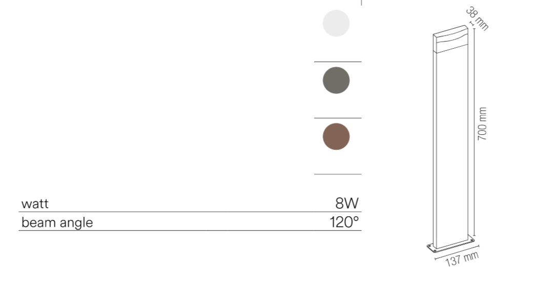 Palo LED da Esterno IP65 8W 1100lm 3000K | Alluminio Bianco Nero Bronzo