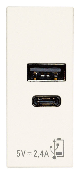 Alimentatore USB A+C 12W a Incasso | 1x USB-A + 1x USB-C | 2,4A 5V 120-240V | IP20 | Bianco Nero Canapa | Vimar Linea 30292.AC