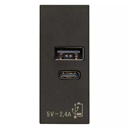 Alimentatore USB A+C 12W a Incasso | 1x USB-A + 1x USB-C | 2,4A 5V 120-240V | IP20 | Bianco Nero Canapa | Vimar Linea 30292.AC