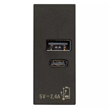 Alimentatore USB A+C 12W a Incasso | 1x USB-A + 1x USB-C | 2,4A 5V 120-240V | IP20 | Bianco Nero Canapa | Vimar Linea 30292.AC