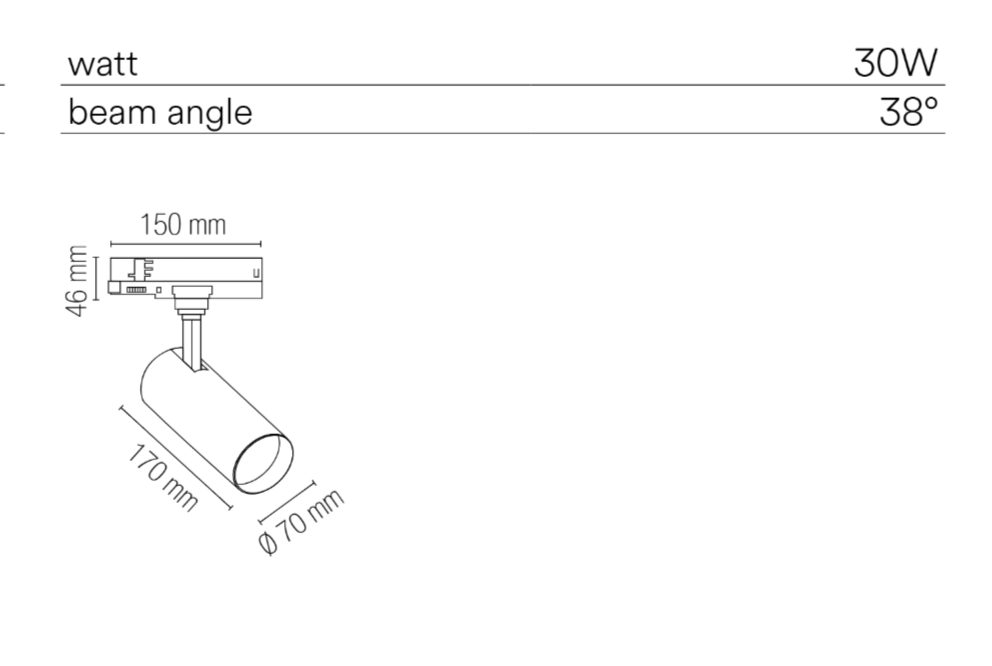 Proiettore Faro LED Orientabile per Binario Trifase | 30W 3700lm 38° CRI90 | Bianco o Nero
