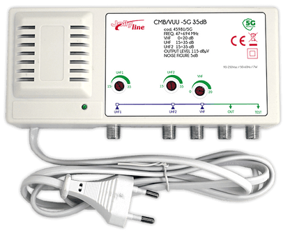 Centrală de perete cu 3 intrări separate reglabile - VHF, UHF și UHF - conector F - 115dBµV - 35 dB - cu filtru 5G certificat JOL45981