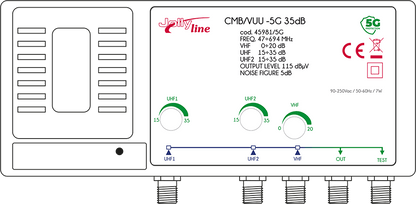 Centrală de perete cu 3 intrări separate reglabile - VHF, UHF și UHF - conector F - 115dBµV - 35 dB - cu filtru 5G certificat JOL45981