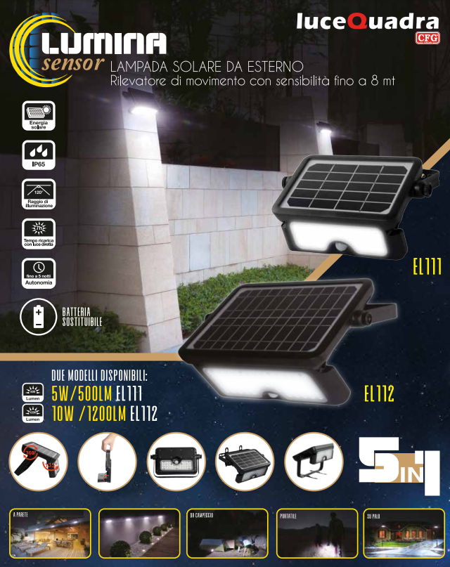 LUMINA SENSOR 1200 - LAMPADA SOLARE DA ESTERNO 10W 1200LM 4000°K EL112
