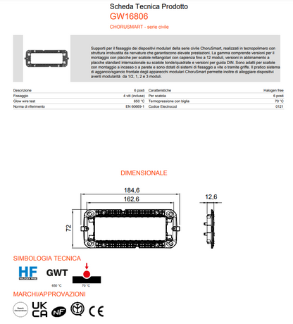 Supporto standard 4/6 posti Gewiss Chorusmart con viti incluse 16804-16806