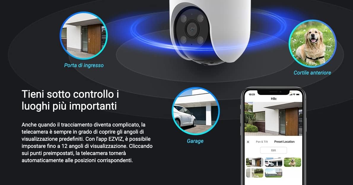 Telecamera Sorveglianza 1080P Pan & Tilt AI | Wi-Fi Visione Notturna 30m Audio Bidirezionale | EZVIZ H8c