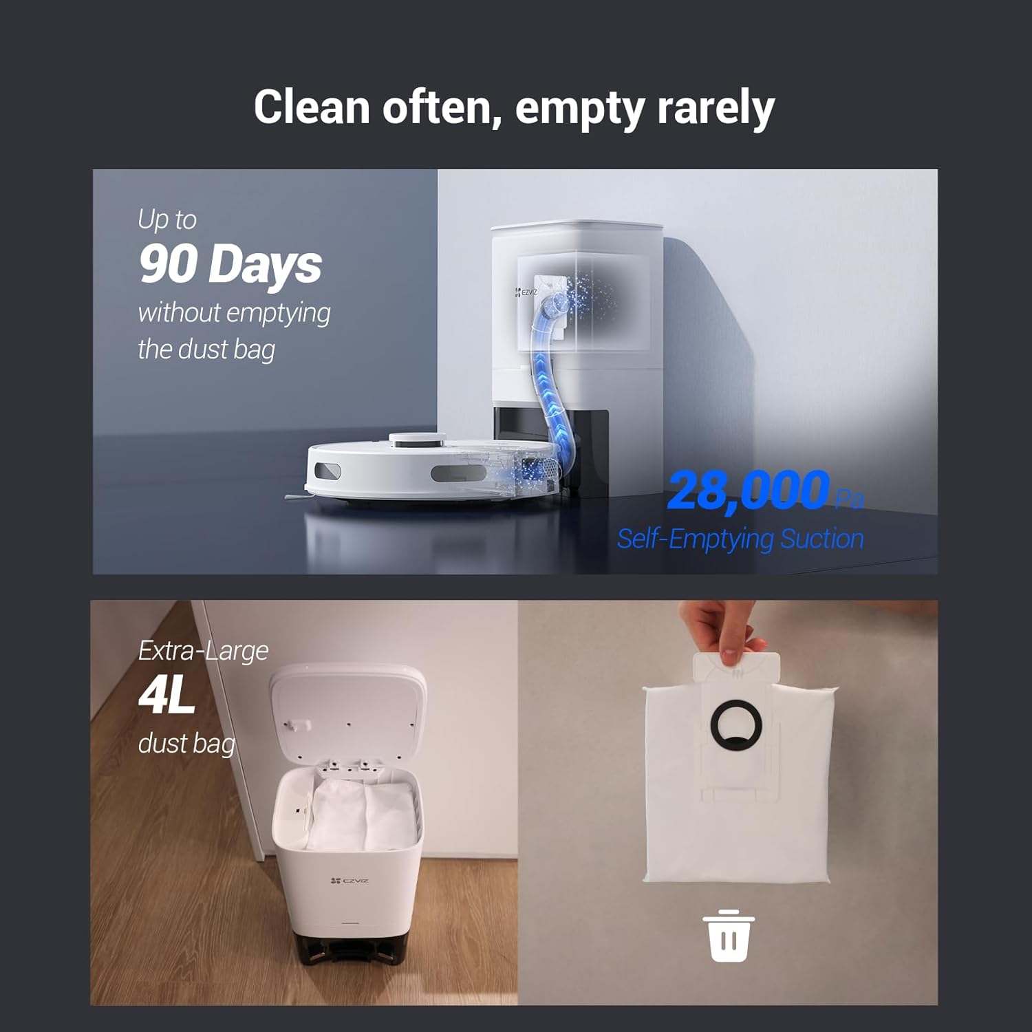EZVIZ RE4 Plus Robot Aspirapolvere Lavapavimenti con Base Svuotasacco, Navigazione LiDAR, Wi-Fi, connesso con app, 4000 Pa, controllo con Alexa, mappatura multipiano