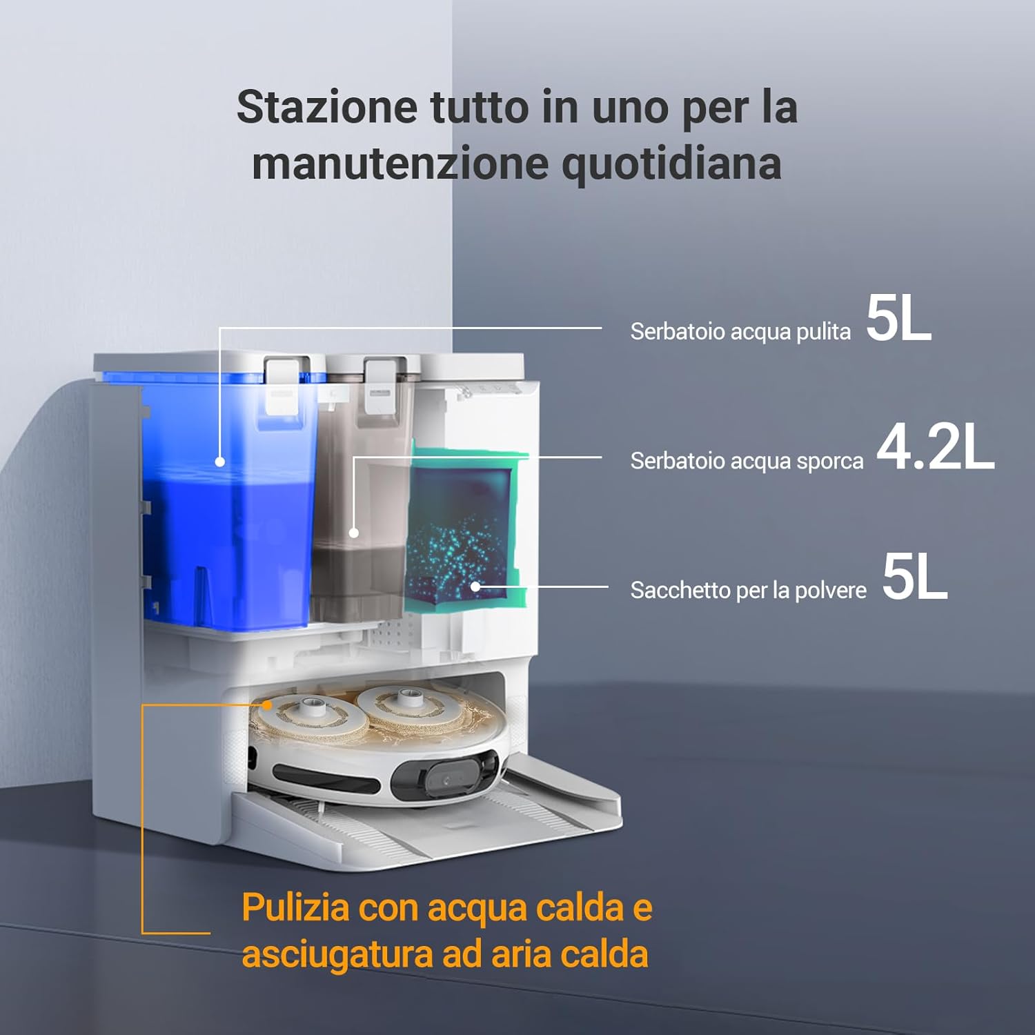 EZVIZ RS20 Pro Robot Aspirapolvere Lavapavimenti Combinato con Funzioni Automatiche di Pulizia, Asciugatura, Ricarica dell'Acqua, 7200 Pa, Navigazione LDS LIDAR & Laser 3D Strutturato, WiFi/Alexa