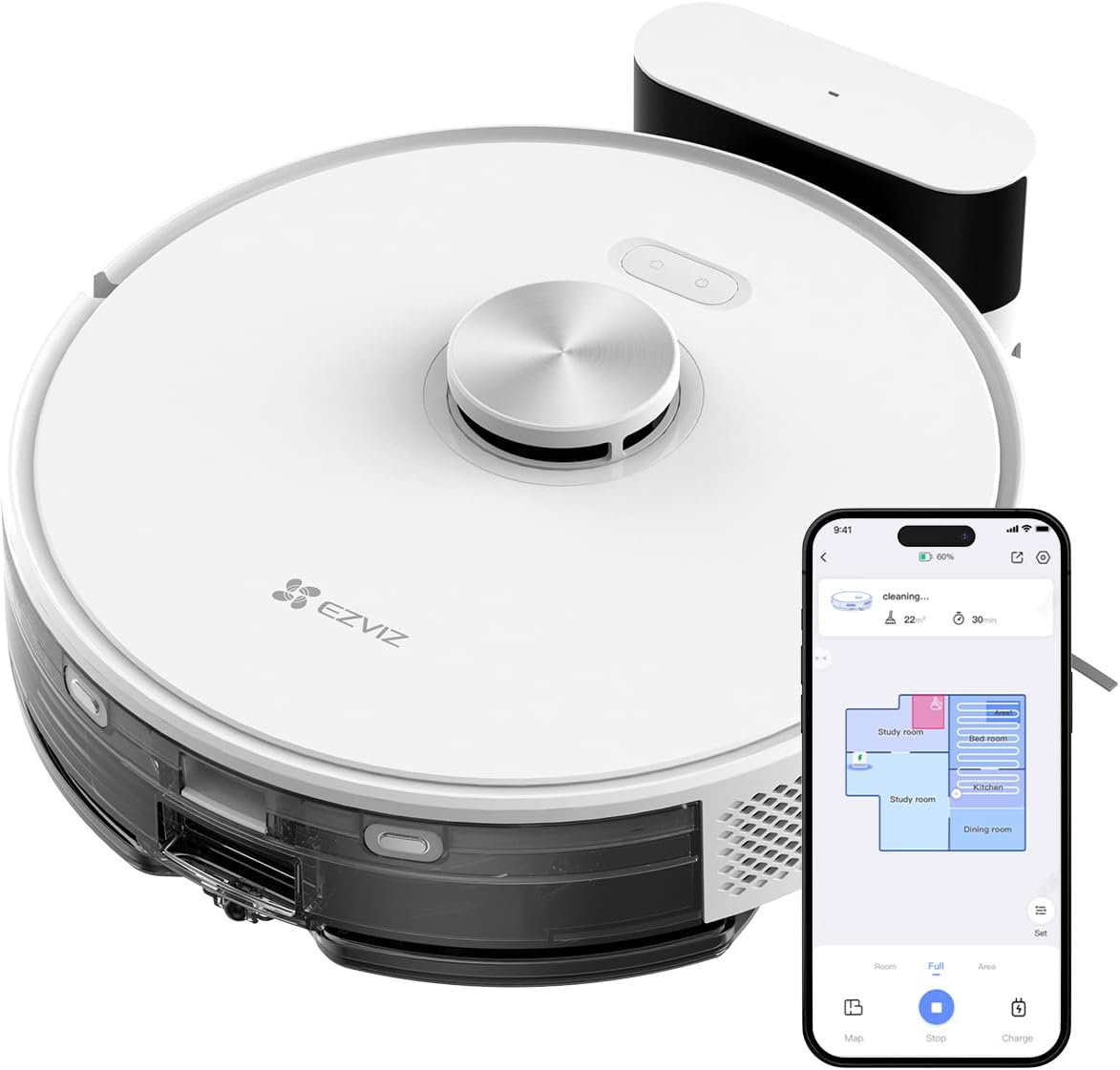 EZVIZ RE5 Robot Aspirapolvere Lavapavimenti con Mappatura, 300ml Serbatoio, 350ml Cestino della Polvere, Autonomia 240min, Aspirazione 4000 Pa Tappeti Peli Animali, Adaptive Edge Mopping, App/Alexa