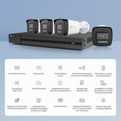 Kit Videosorveglianza PoE 4K 4 Telecamere + NVR 8 Canali HDD 2TB | IP67 Visione Notturna Colori AI Sirena | EZVIZ H3K
