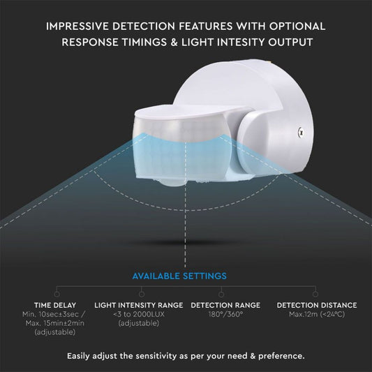 Sensore di Movimento a Infrarossi 180°/360° Parete e Plafone Bianco Max 600W IP65 12m | VT-8093 | V-TAC