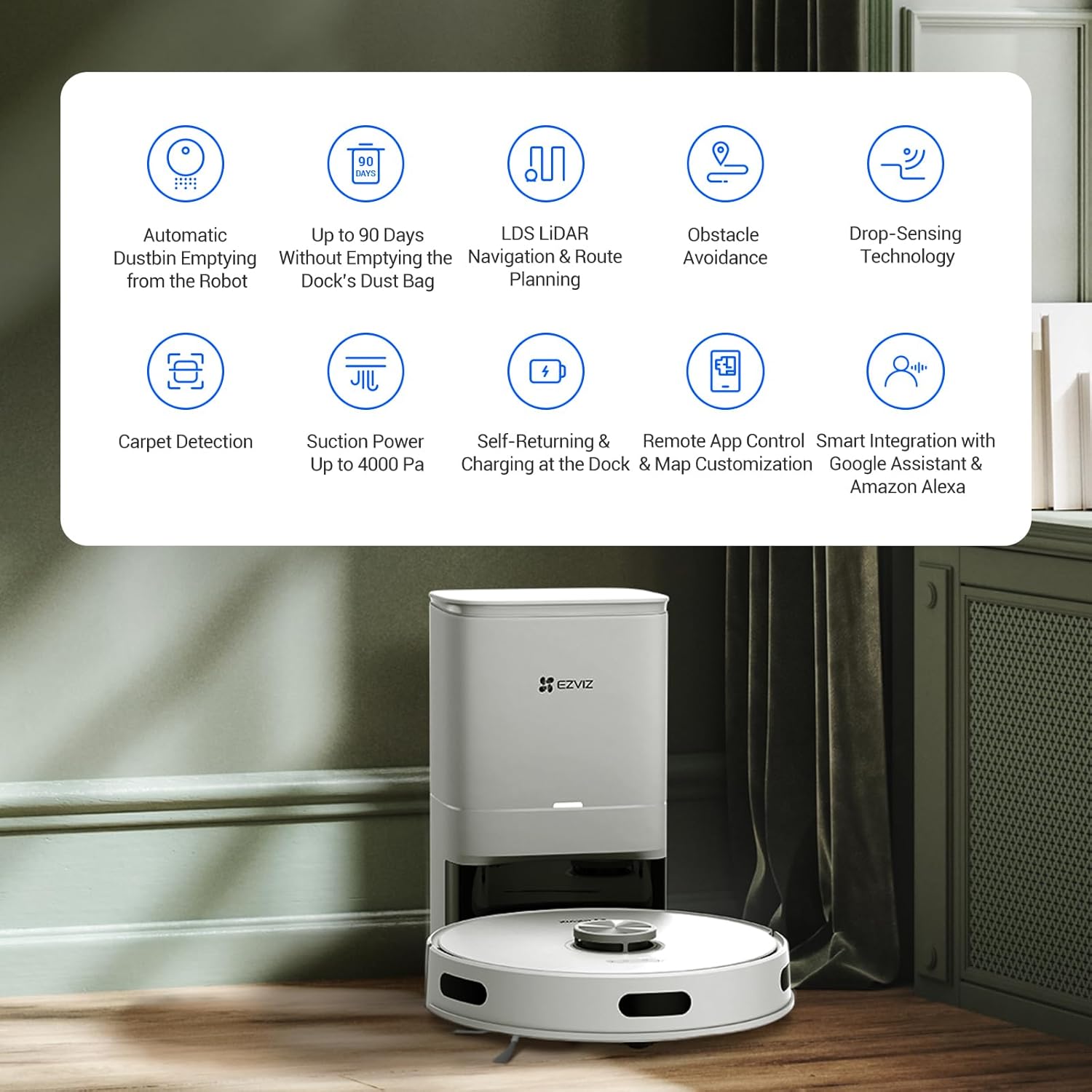 EZVIZ RE4 Plus Robot Aspirapolvere Lavapavimenti con Base Svuotasacco, Navigazione LiDAR, Wi-Fi, connesso con app, 4000 Pa, controllo con Alexa, mappatura multipiano