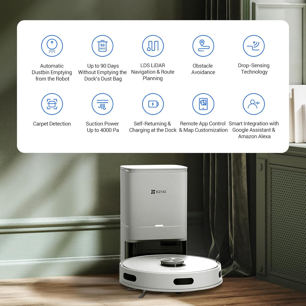 Robot Aspirapolvere Lavapavimenti LiDAR 4000Pa | Base Svuotamento Automatico 4L | EZVIZ RE4 Plus