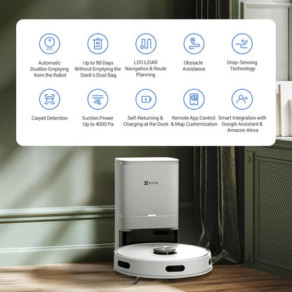 Robot Aspirapolvere Lavapavimenti LiDAR 4000Pa | Base Svuotamento Automatico 4L | EZVIZ RE4 Plus