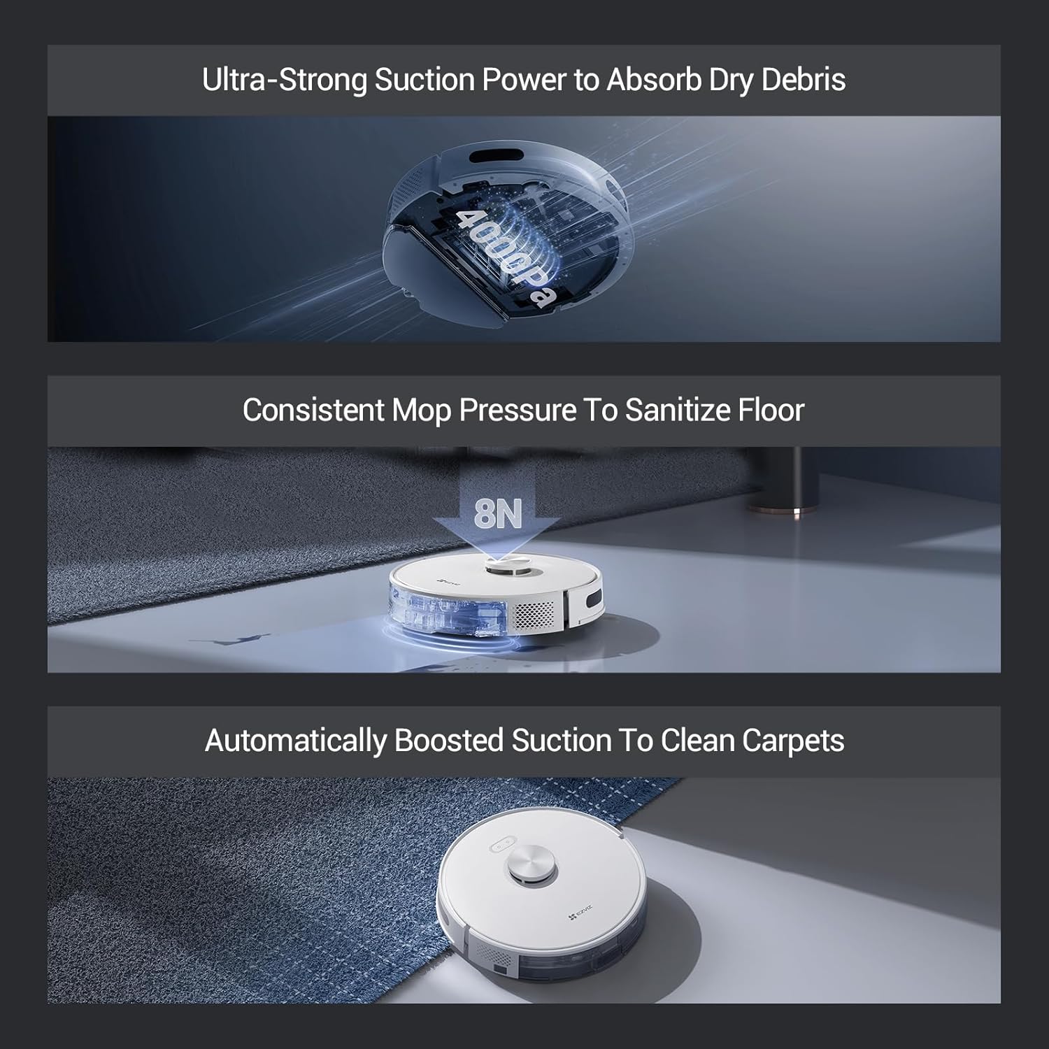 EZVIZ RE5 Robot Aspirapolvere Lavapavimenti con Mappatura, 300ml Serbatoio, 350ml Cestino della Polvere, Autonomia 240min, Aspirazione 4000 Pa Tappeti Peli Animali, Adaptive Edge Mopping, App/Alexa