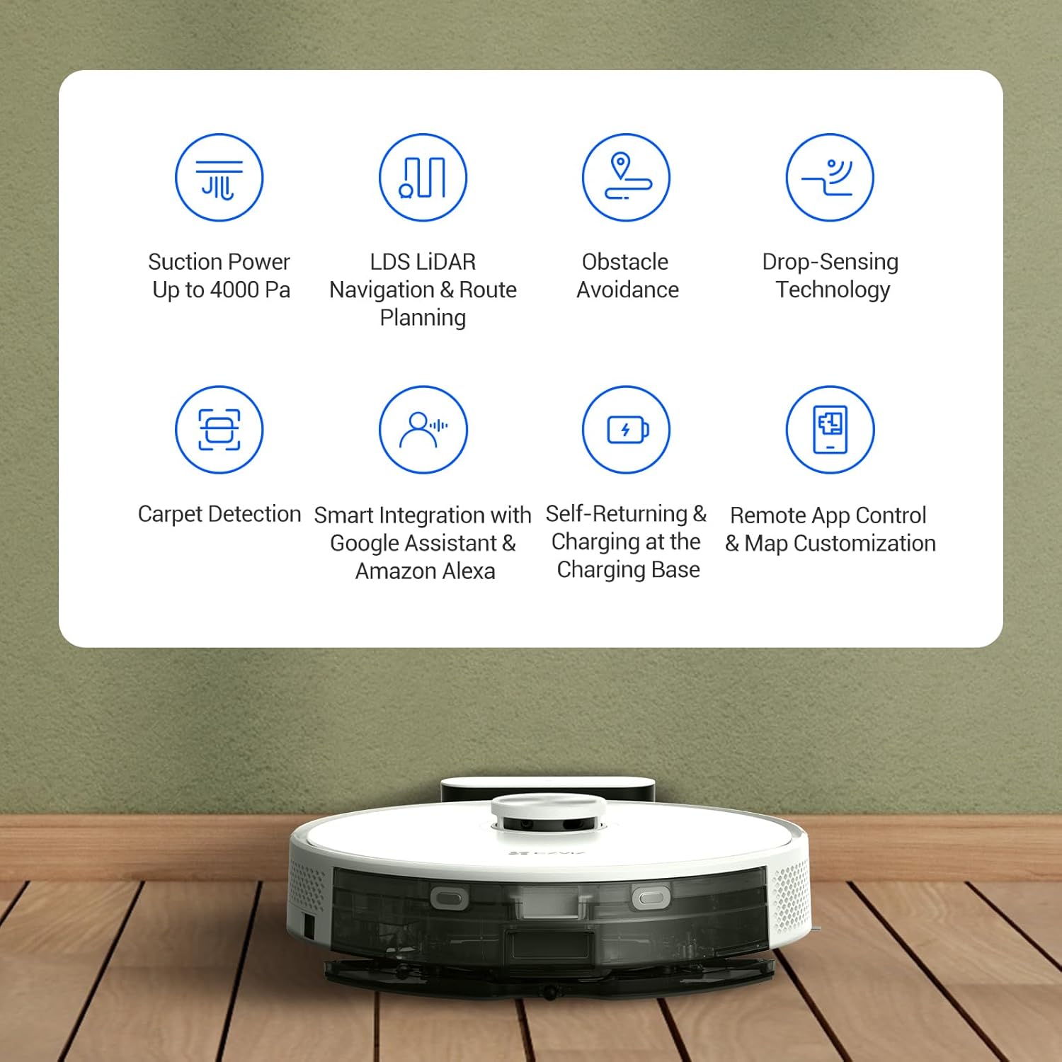 EZVIZ RE5 Robot Aspirapolvere Lavapavimenti con Mappatura, 300ml Serbatoio, 350ml Cestino della Polvere, Autonomia 240min, Aspirazione 4000 Pa Tappeti Peli Animali, Adaptive Edge Mopping, App/Alexa