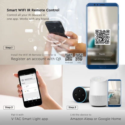 Controler universal V-TAC Wi-Fi cu infraroșu, compatibil cu Google Home și Amazon Alexa