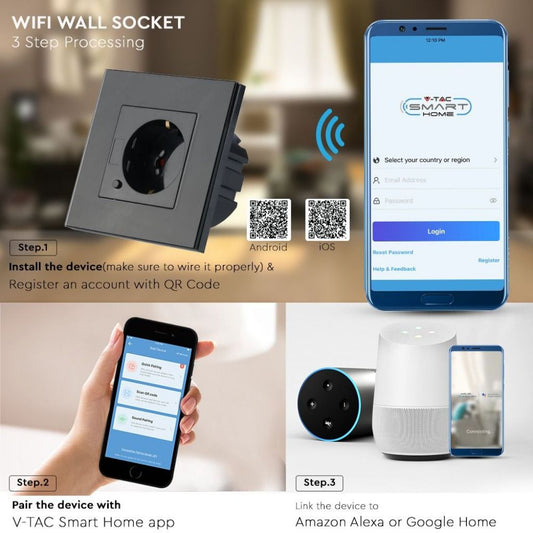 V-TAC Priză Wi-Fi EU de perete compatibilă cu Amazon Alexa, Google Home și Nest, Culoare Neagră