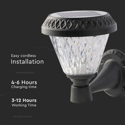 V-TAC Lampa LED solarna ścienna 0,8W stożkowa z pilotem, kolor czarny 3w1, IP44