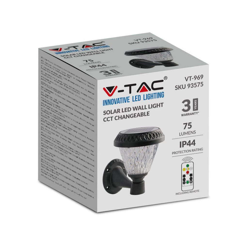 V-TAC Lampa LED solarna ścienna 0,8W stożkowa z pilotem, kolor czarny 3w1, IP44