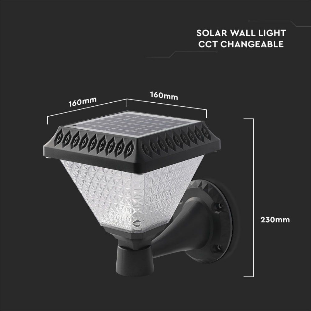 V-TAC Solarna Lampa Ścienna LED 0,8W w Kształcie Piramidy z Pilotem, Kolor Czarny, 3w1, IP44