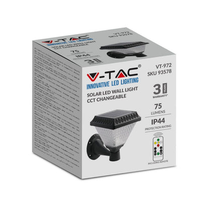 V-TAC Solarna Lampa Ścienna LED 0,8W w Kształcie Piramidy z Pilotem, Kolor Czarny, 3w1, IP44