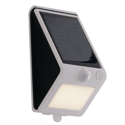 Lampa ścienna zewnętrzna IP54 LED z termoplastu, biała, z CZUJNIKIEM RUCHU i PANELEM SŁONECZNYM, światło naturalne 4000°K, 3W, 300LM, OPEN