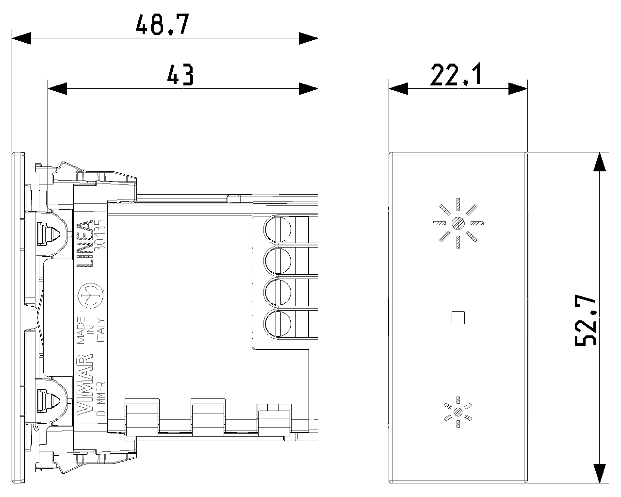 Dimmer universale 230 V~ 50 Hz a taglio di fase trasformatori elettronici 40-300 VA Vimar Linea 30135.B/G/C