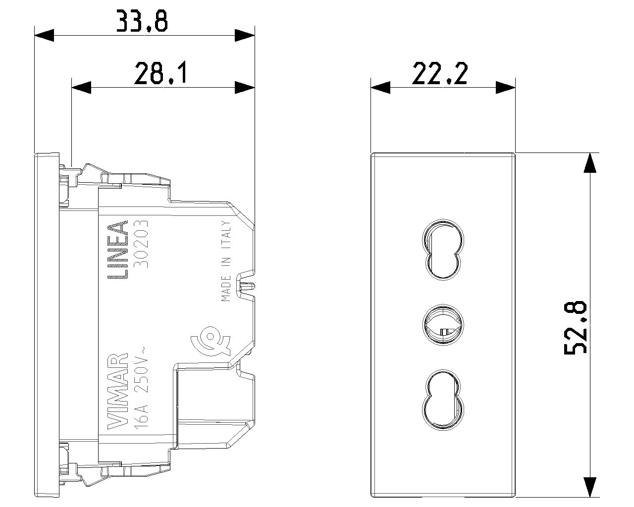 Presa bivalente SICURY 2P+T 16 A 250 V~ standard italiano tipo P17/11 Vimar Linea  30203.B/G/C