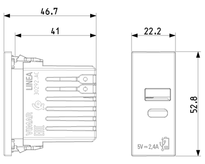 Alimentatore USB A+C 12W a Incasso | 1x USB-A + 1x USB-C | 2,4A 5V 120-240V | IP20 | Bianco Nero Canapa | Vimar Linea 30292.AC