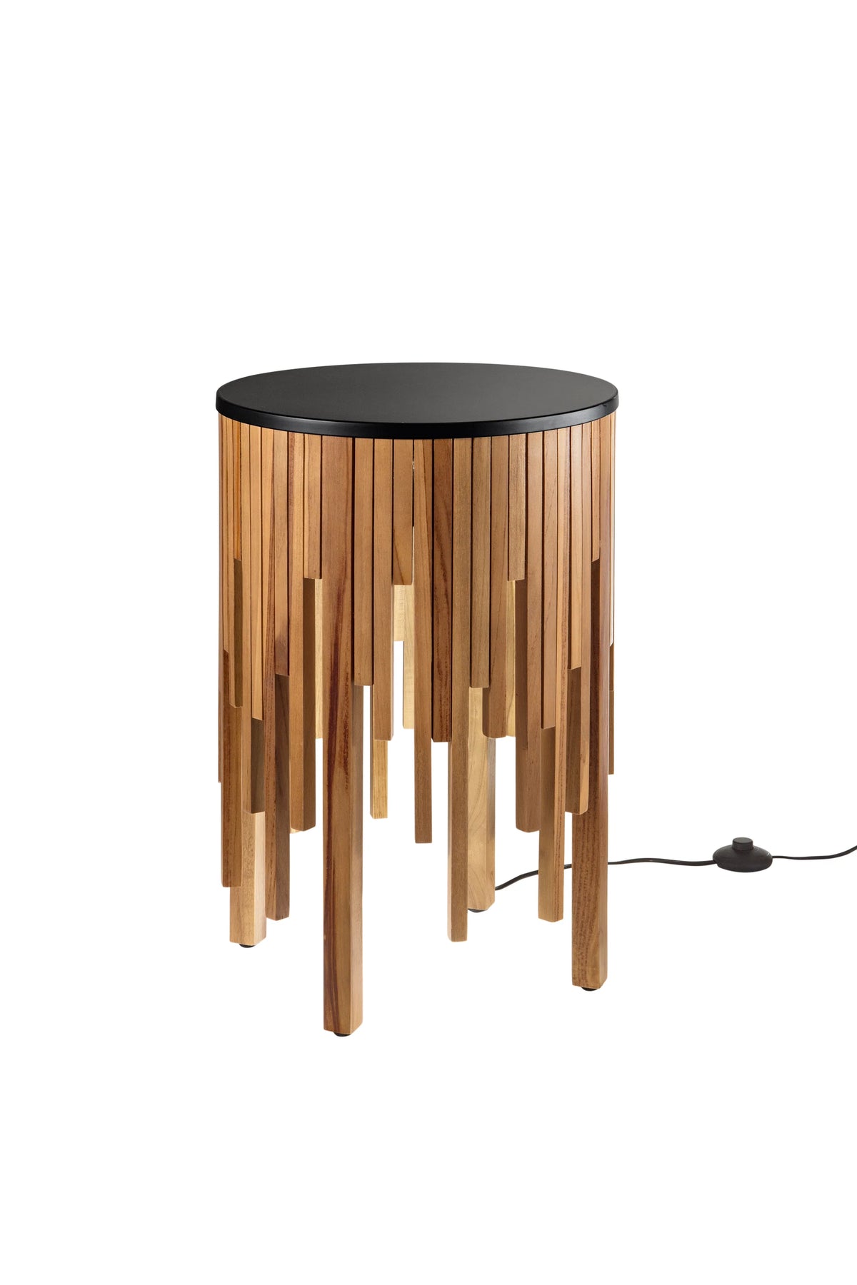 Tavolino con luce integrata 1XGU10 led in listelli di legno artigianale e base nera KENGO
