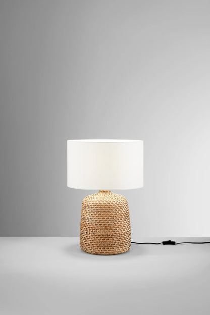 Lampa stołowa z drewnianą podstawą z plecionki i białym kloszem 1xE27 bez żarówki MALACCA