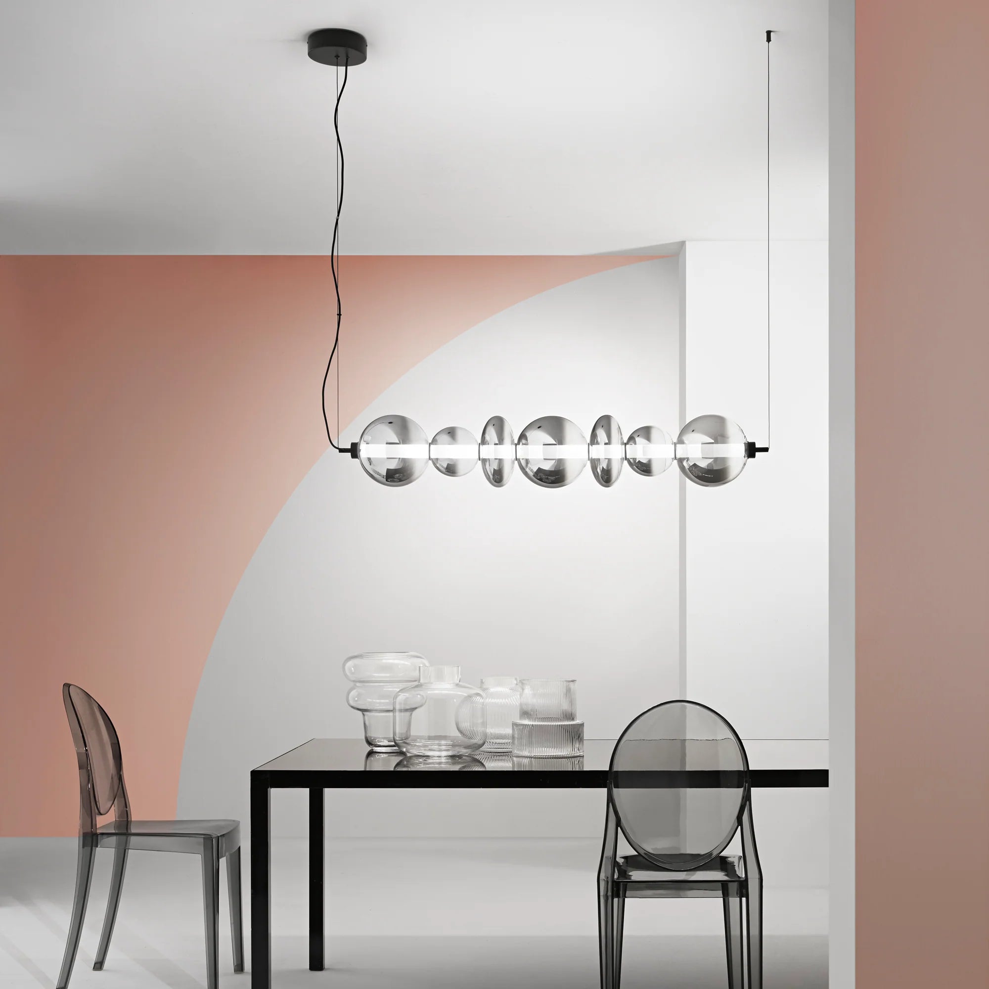 Sospensione LED metallo e vetro soffiato fumè sia verticale che orizzontale 40W 4000LM 3000°k KEMET