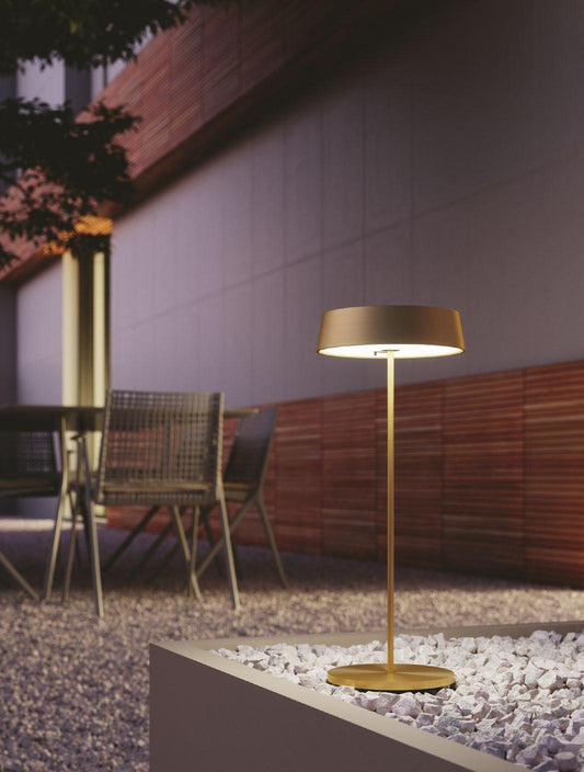 Lampa stołowa zewnętrzna akumulatorowa IP54, metalowa biała, czarna, złota lub corten, zintegrowane LED, ciepłe światło 3000°K 2.2W 192 lumeny COCKTAIL