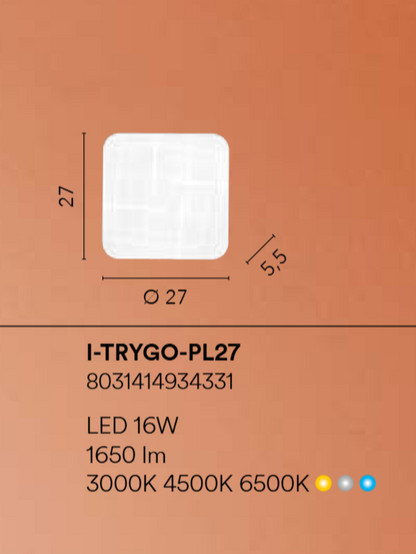Plafoniera LED CCT z białym dyfuzorem ozdobionym liniami i kątami trygonometrycznymi, różne rozmiary TRYGO