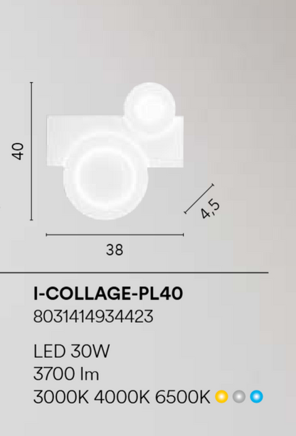 Plafoniera LED COLLAGE – CCT | Alluminio Bianco con Diffusori Acrilici a Cerchi Sovrapposti | PL40, PL65