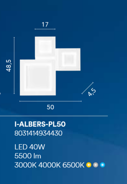 Plafoniera LED CCT w kolorze białego aluminium z akrylowymi dyfuzorami o nakładającym się kwadratowym kształcie ALBERS