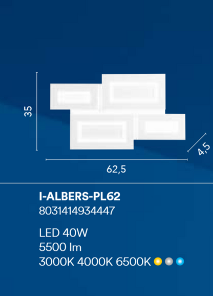 Plafoniera LED CCT w kolorze białego aluminium z akrylowymi dyfuzorami o nakładającym się kwadratowym kształcie ALBERS