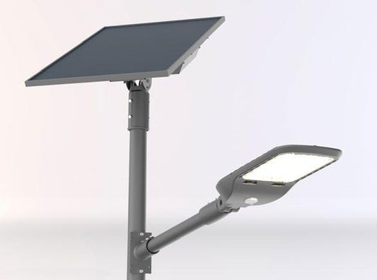 Zewnętrzny reflektor drogowy IP65 z aluminium w kolorze srebrnym, z soczewkami z materiału samogasnącego, odpornego na uderzenia i promieniowanie UV, LED 4000°K 50-70W z PANELEM SŁONECZNYM HYPERION