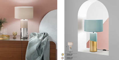 Lampa ceramiczna o kształcie cylindrycznym z okrągłym abażurem z efektem welwetu w kolorach pudrowego różu i zieleni pawiej 1xE27 brak w zestawie. TATAKA