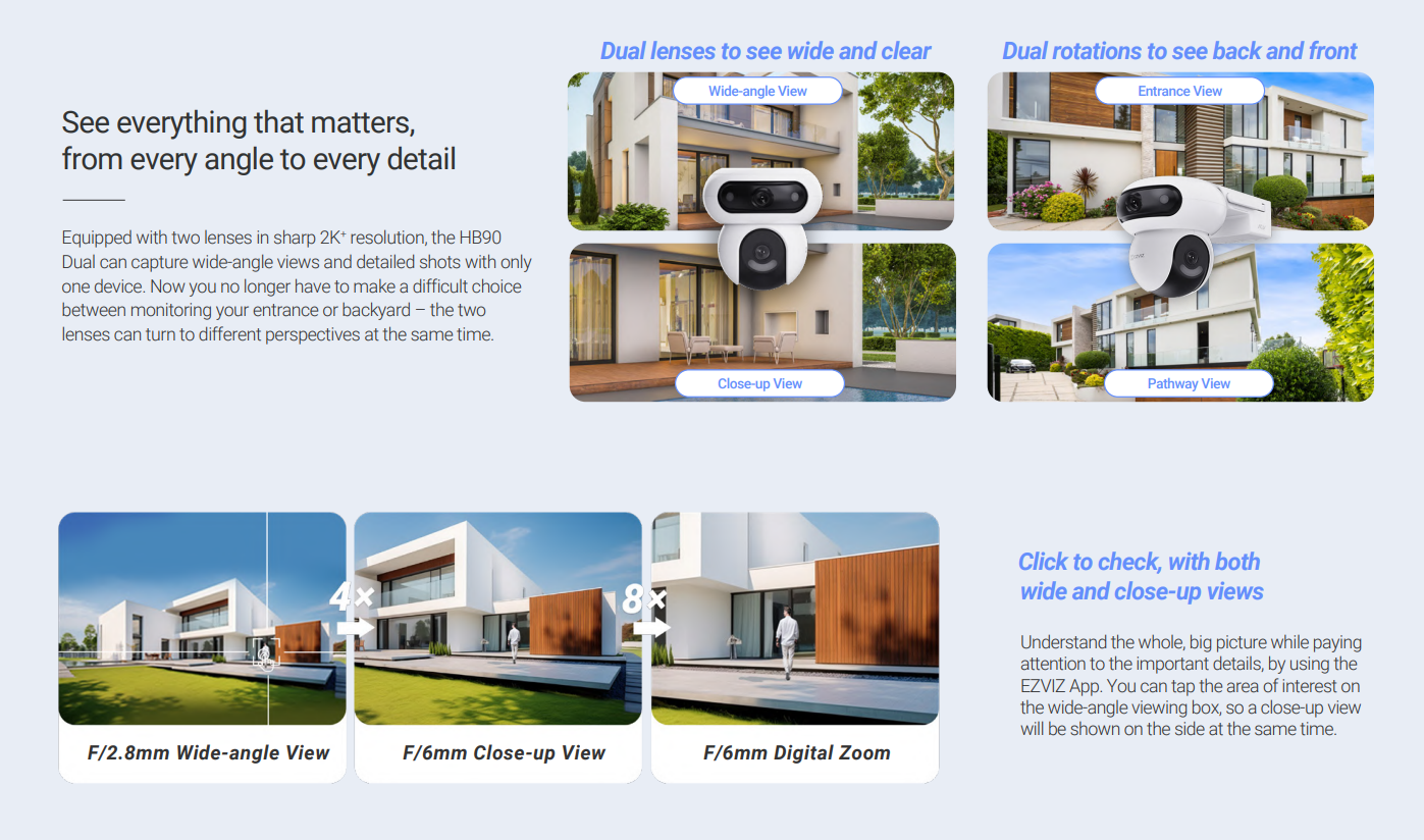 Ezviz Telecamera Wi-Fi a Doppio Obiettivo con registrazione continua e pannello solare da 8 W - HB90/SP