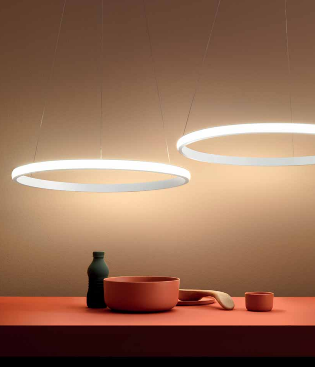 GEALUCE Montatura in alluminio oro-bianco-titanio spazzolato. Diffusore in silicone bianco opale. LED IOLE S/1 D.60CM
