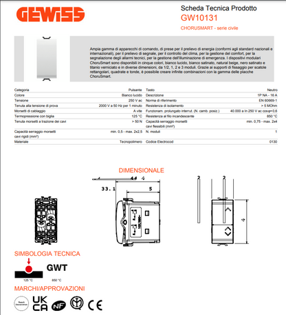 Buton monopolar 16A Gewiss Chorusmart 10131 250V