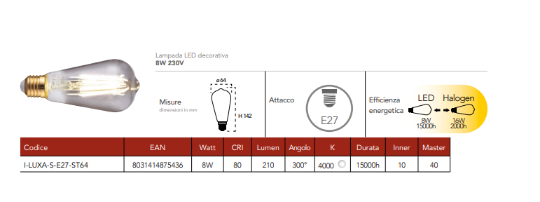 Bec LED decorativ bază E27 fumuriu 8W 150 lumeni lumină caldă 1800°K 240V
