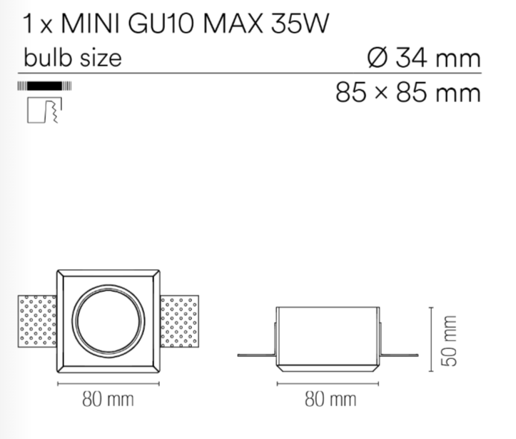 Incasso in gesso verniciabile attacco 1 x MINI GU10 non incl.