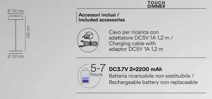 Lampă de masă pentru exterior reîncărcabilă IP54 din metal alb, negru, auriu sau corten LED integrat lumină caldă 3000°K 2.2W 192 lumeni COCKTAIL