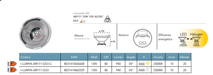 Lampadina LED G53 AR111 13W 940 lm Resa 76W 12V AC/DC | Luce Calda 3000K o Naturale 4000K | INTEC LUMYA