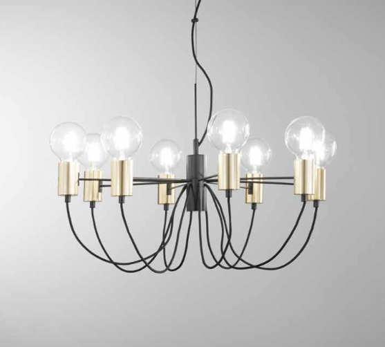 Sospensione 8 luci in metallo nero-oro cavo tessuto nero 8XE27 non incl. AXON