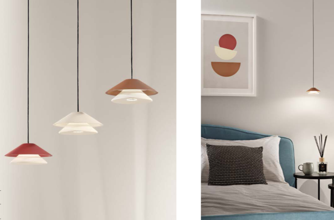 Sospensione LED con forme coniche sovrapposte in metallo varianti bianco-marrone-rosso 6W 865LM 3000°k ATREO