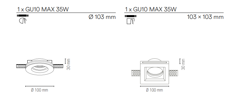 Incasso in gesso verniciabile da integrare nel cartongesso portalampada GU10 incluso collezione SPIRIT rotondo-quadrato